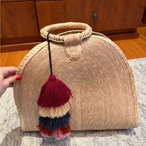 Handcrafted Tan Straw Raffia Bag with Multicolor Tassels